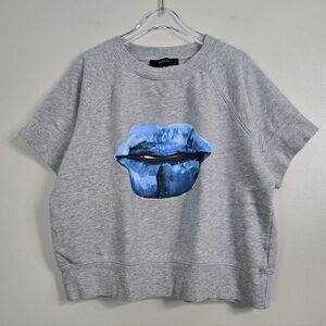 Aritzia Talula Grey Short Sleeve Sweatshirt W/ Blue Lips Graphic, Size XS ~ EUC
